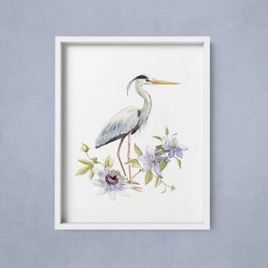 AI1-201 Art Print "Great Blue Heron with Florals"
