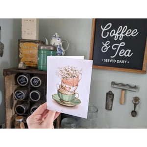 AI1-080 Greeting Note Cards "Vintage Teacups with Baby's Breath"