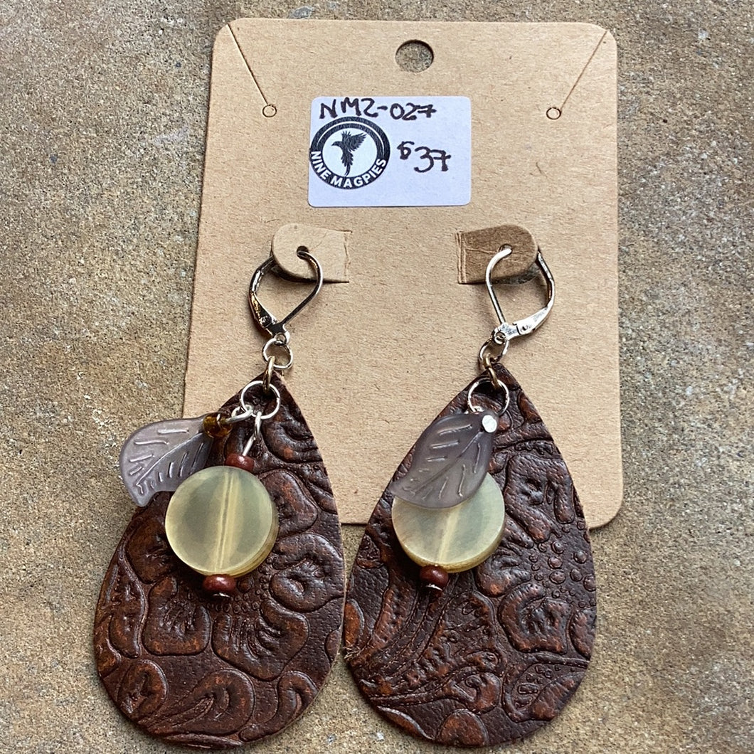NM2-027  Earrings Brown Stamped Leather/ beads