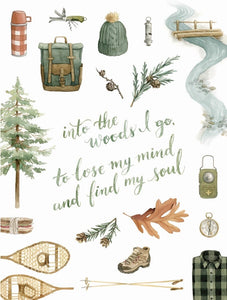 AI1-230 Art Print "Hiking Quote "Into the Woods I Go..." Flat Lay"