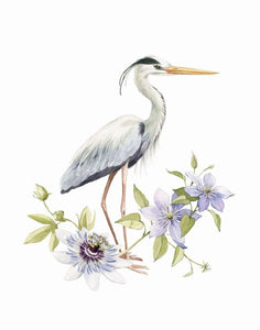 AI1-201 Art Print "Great Blue Heron with Florals"
