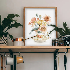 AI1-209 Art Print "Teacup with A Bird and Flowers "