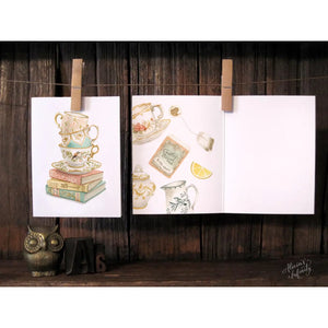 AI1-072 Greeting Note Cards "Vintage Teacup Stack On Antique Books"