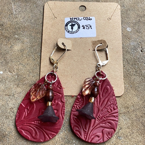 NM2-026  Earrings Red Stamped Leather/ beads