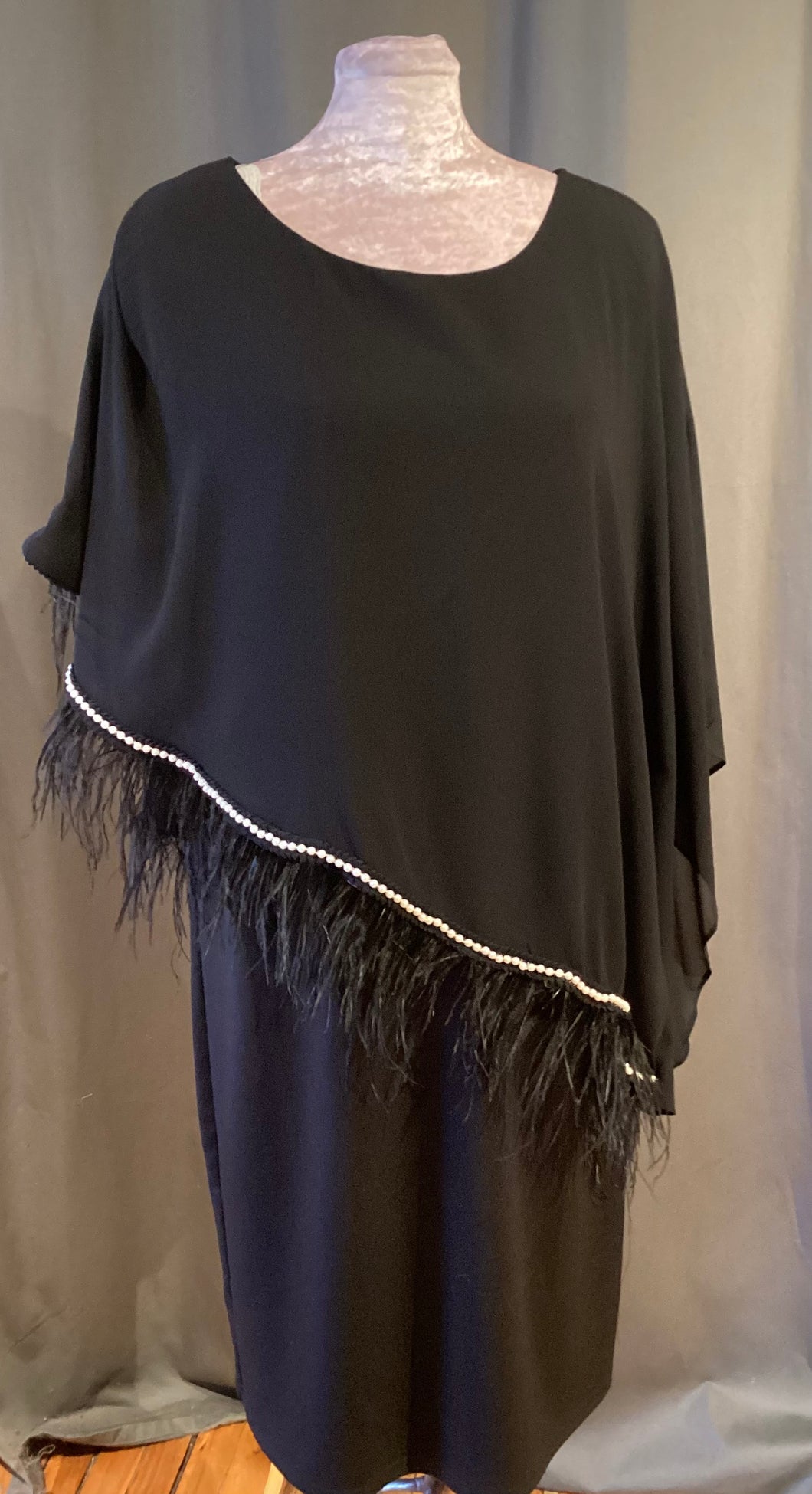 RB1-013 Cape Black Feather Dress w Pearls_Plus size