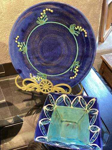 MN1-033 Pottery Caribbean Blue Set (Plate + Square Bowl)