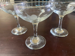 VTED1-367 Set of 3 Vintage Bird Etched Coupe Glasses