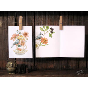 AI1-073 Greeting Note Cards "Teacup with A Bird & Flowers"