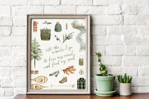 AI1-230 Art Print "Hiking Quote "Into the Woods I Go..." Flat Lay"