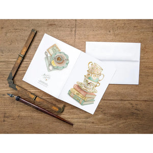 AI1-072 Greeting Note Cards "Vintage Teacup Stack On Antique Books"