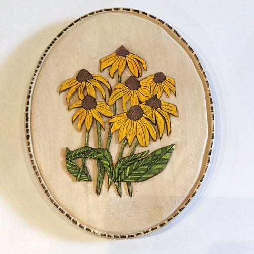 BJ1-024 Oval carved Black Eyed Susan Pyrography wall art