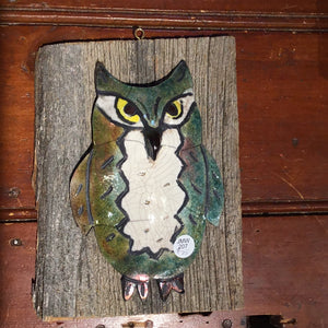 JMW- 207 Raku Art Owl on Barn board